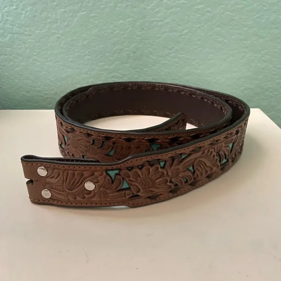 Nocona Turquoise and Brown Tooled Leather Belt - Picture 1 of 5